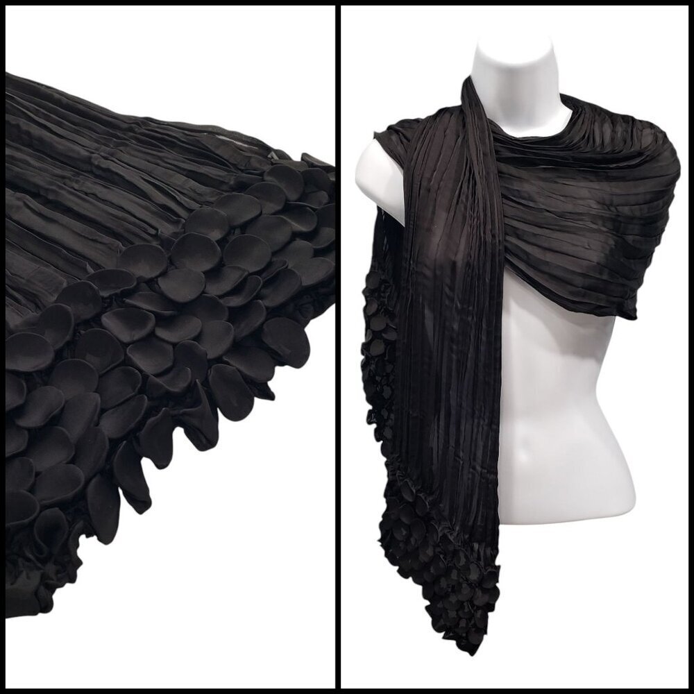 Chico's Chiffon Scarf Crinkle Textured Trim Black 62" Long Unique Event